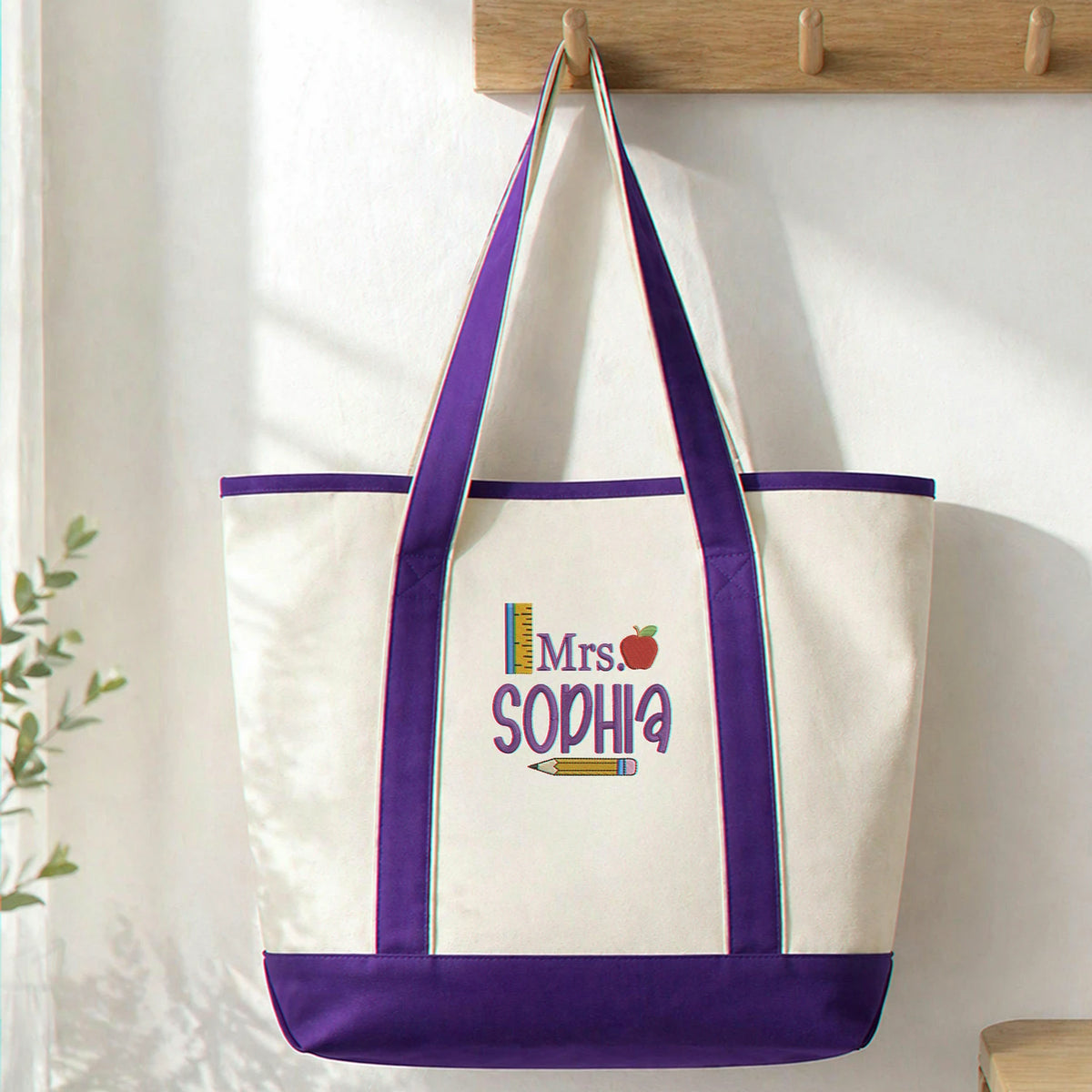 Embroidered Canvas Tote Bag for Teacher - Personalized Name, Boho Apple Pencil