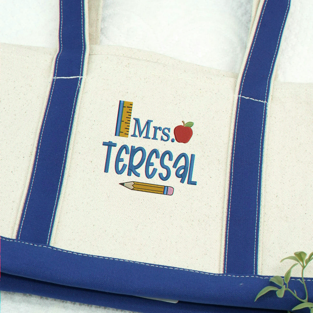 Embroidered Canvas Tote Bag for Teacher - Personalized Name, Boho Apple Pencil