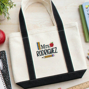 Embroidered Canvas Tote Bag for Teacher - Personalized Name, Boho Apple Pencil