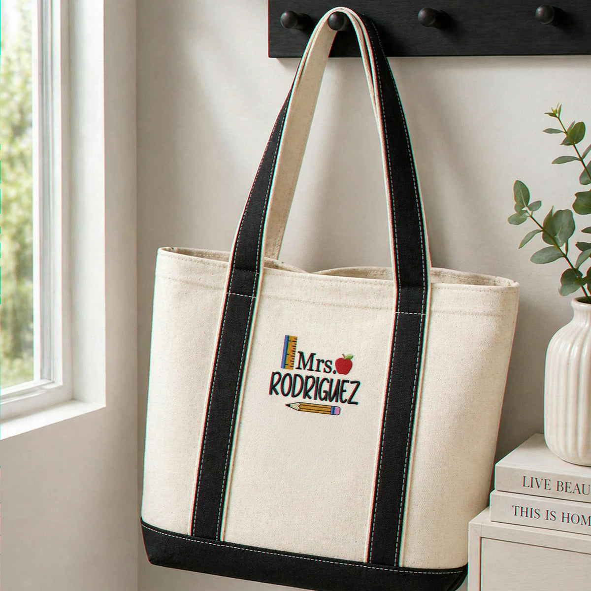 Embroidered Canvas Tote Bag for Teacher - Personalized Name, Boho Apple Pencil