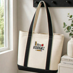 Embroidered Canvas Tote Bag for Teacher - Personalized Name, Boho Apple Pencil