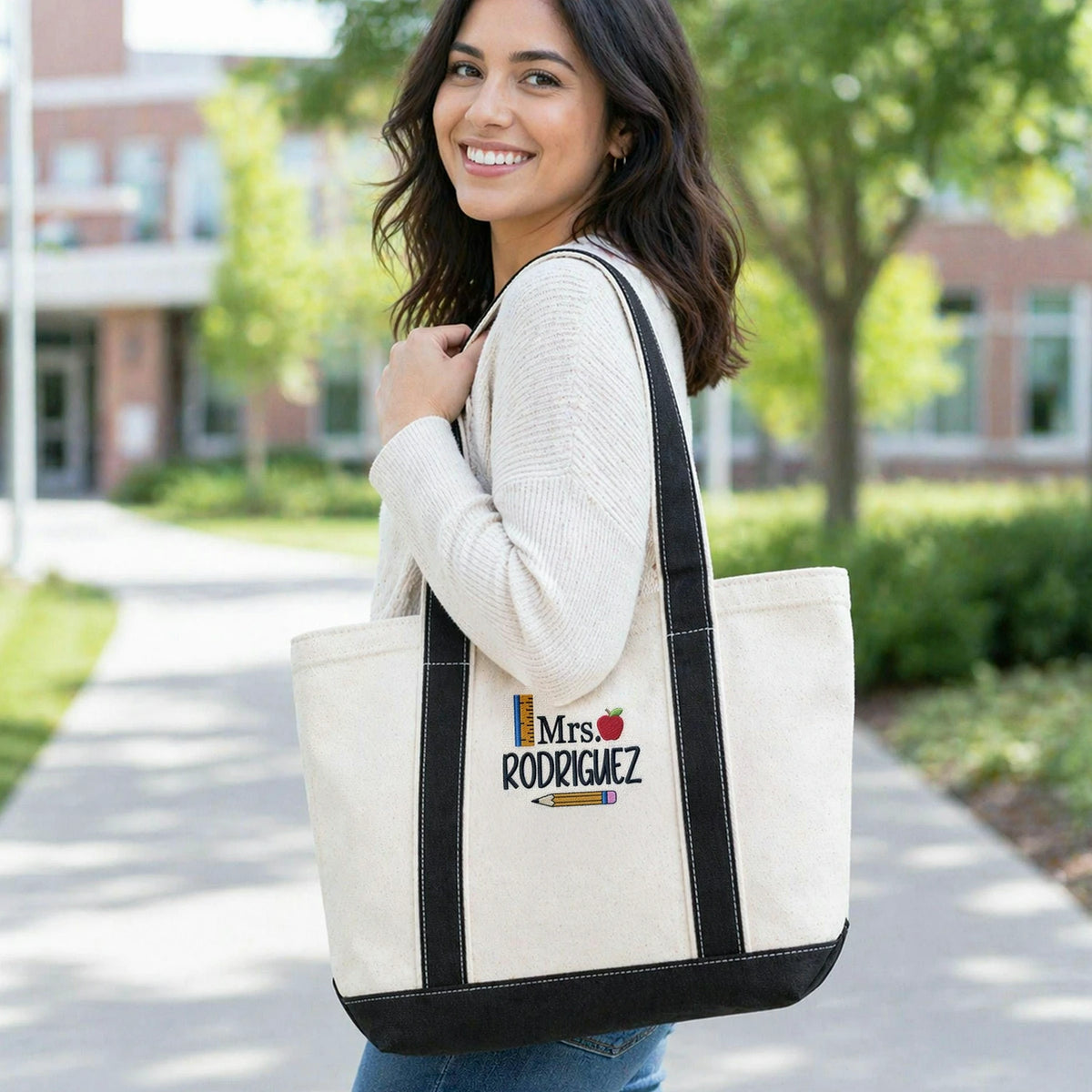 Embroidered Canvas Tote Bag for Teacher - Personalized Name, Boho Apple Pencil