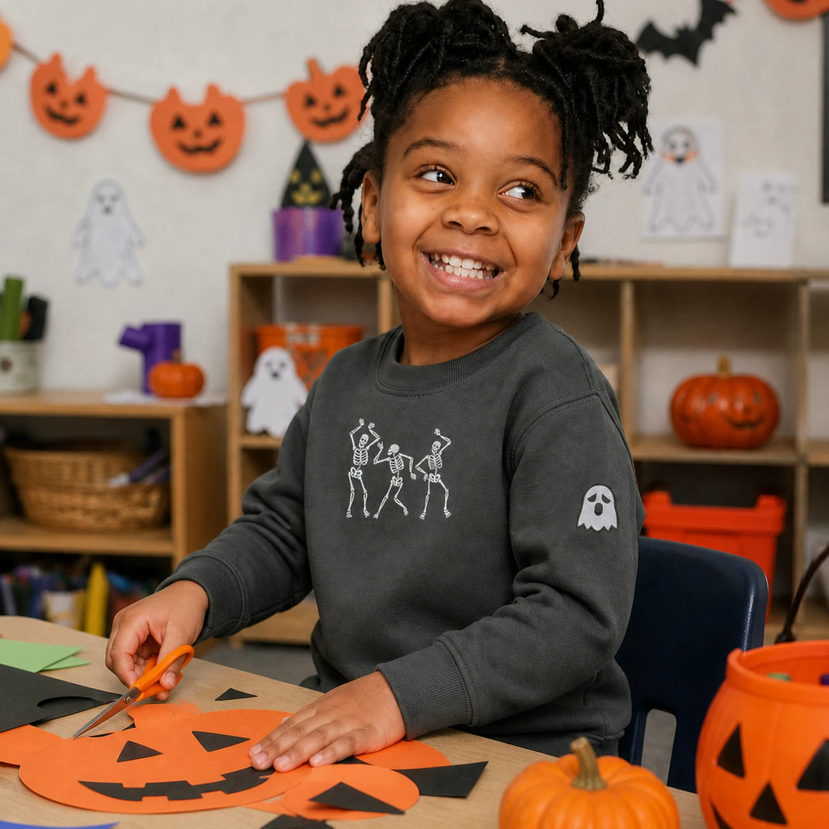 Personalized Toddler Halloween Sweatshirt for Preschool Parade - Embroidered Dancing Skeleton Pullover