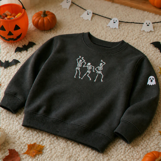 Personalized Toddler Halloween Sweatshirt for Preschool Parade - Embroidered Skeleton Dancing Pullover