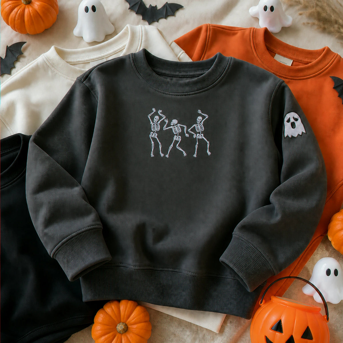Personalized Toddler Halloween Sweatshirt for Preschool Parade - Embroidered Dancing Skeleton Pullover