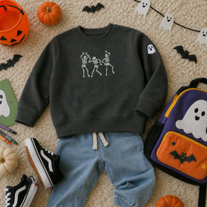 Personalized Toddler Halloween Sweatshirt for Preschool Parade - Embroidered Dancing Skeleton Pullover