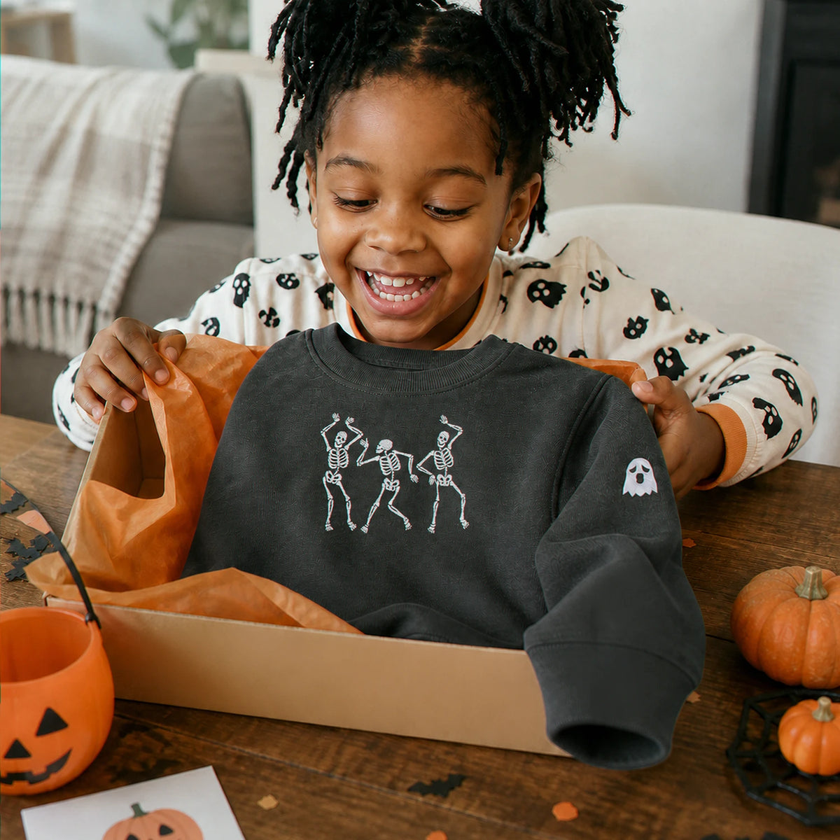 Personalized Toddler Halloween Sweatshirt for Preschool Parade - Embroidered Dancing Skeleton Pullover