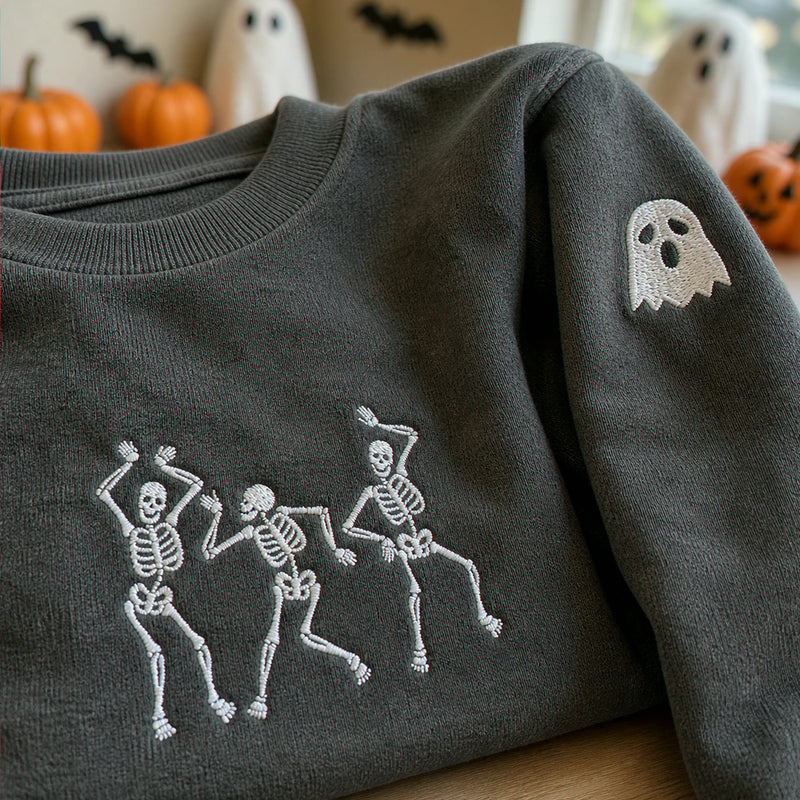 Personalized Toddler Halloween Sweatshirt for Preschool Parade - Embroidered Dancing Skeleton Pullover