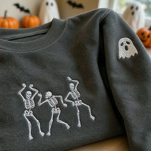 Personalized Toddler Halloween Sweatshirt for Preschool Parade - Embroidered Dancing Skeleton Pullover