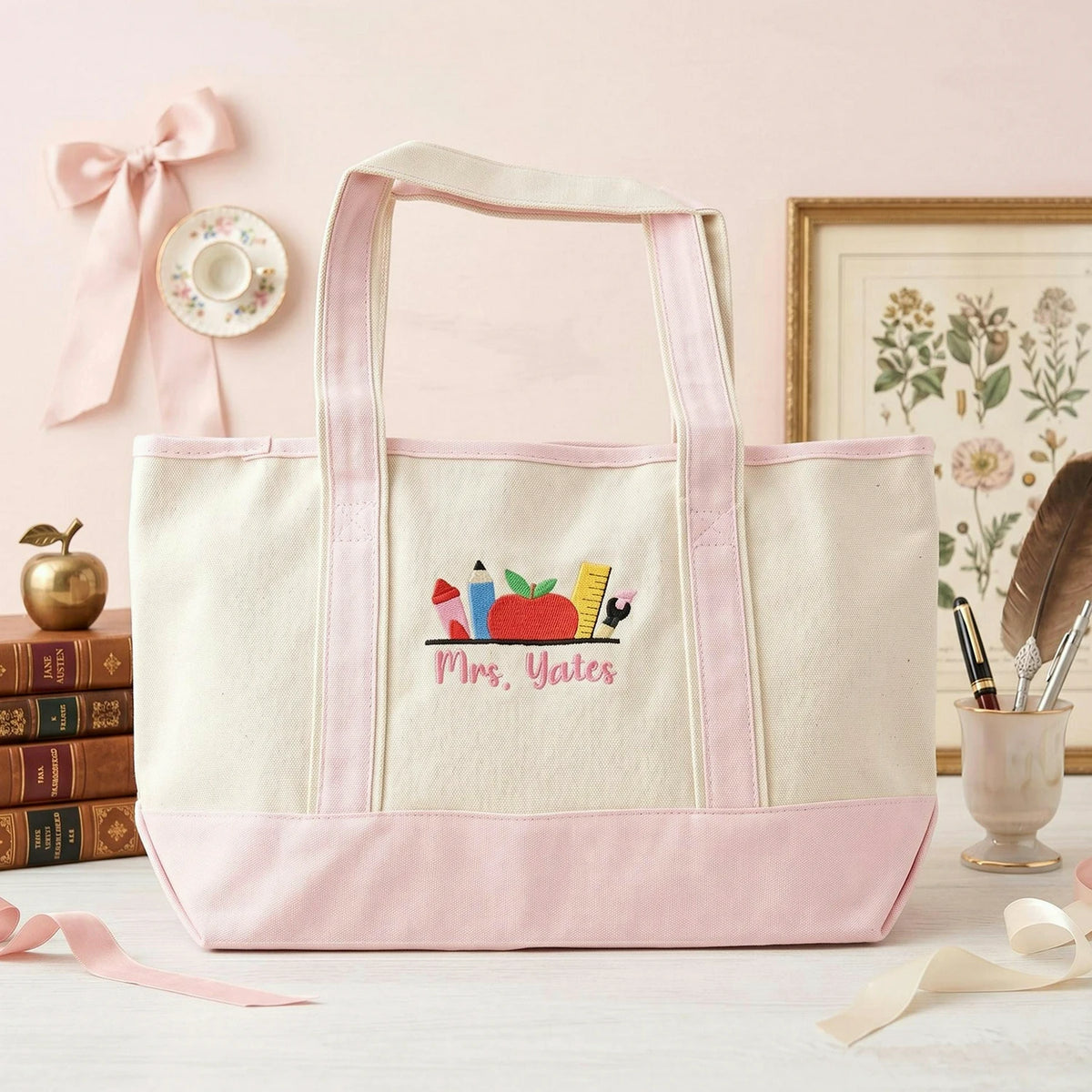 Personalized School Staffs Name Embroidered Tote Bag - Classroom Icons
