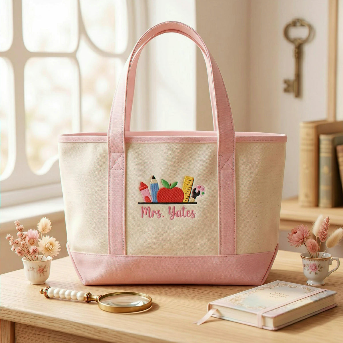 Personalized School Staffs Name Embroidered Tote Bag - Classroom Icons