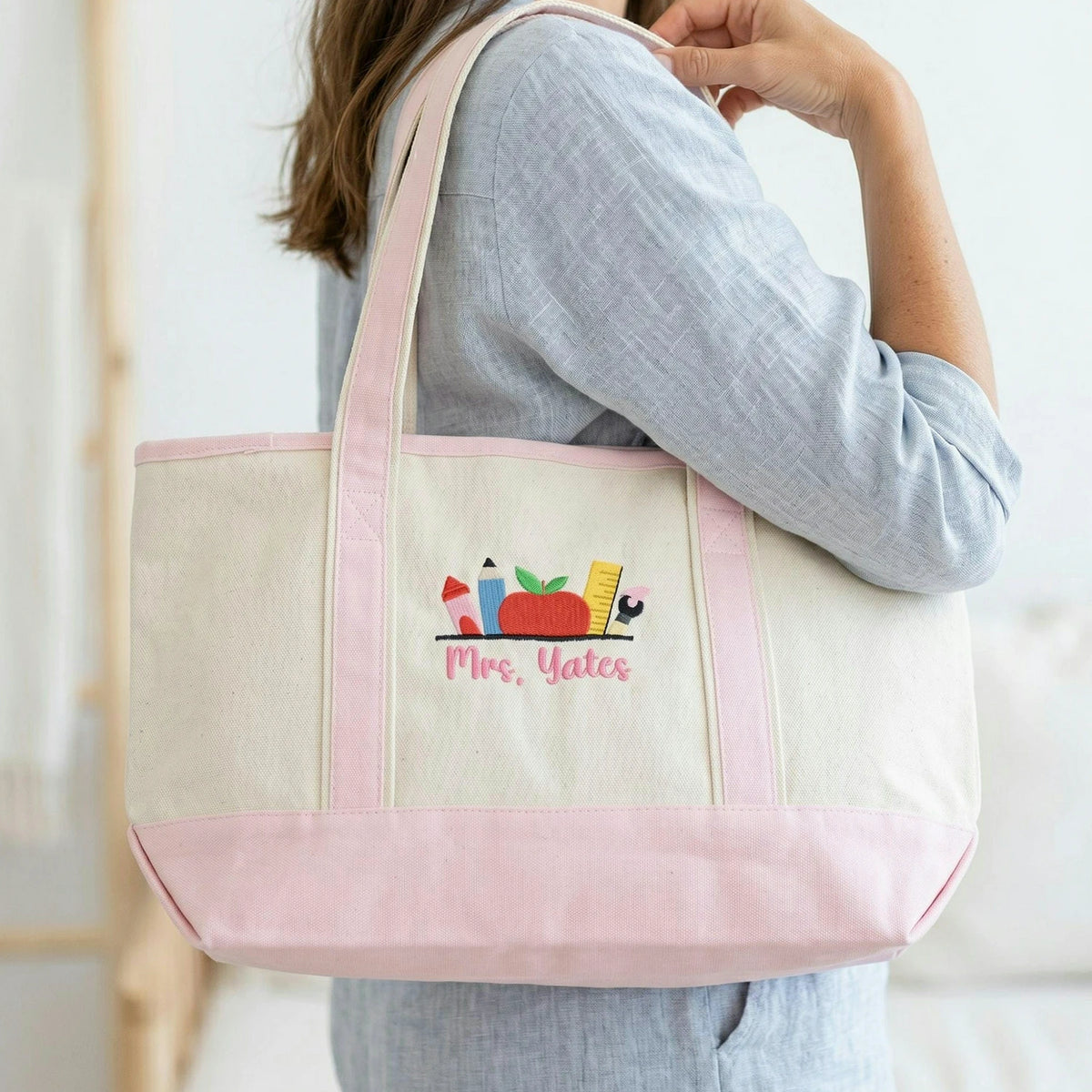 Personalized School Staffs Name Embroidered Tote Bag - Classroom Icons