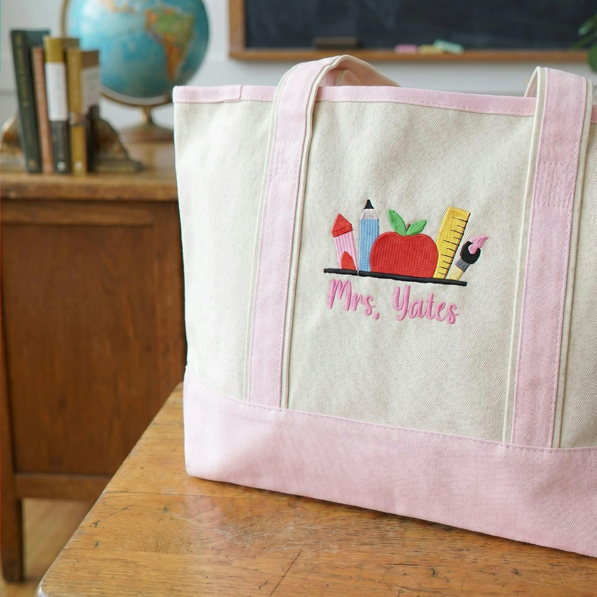 Personalized School Staffs Name Embroidered Tote Bag - Classroom Icons