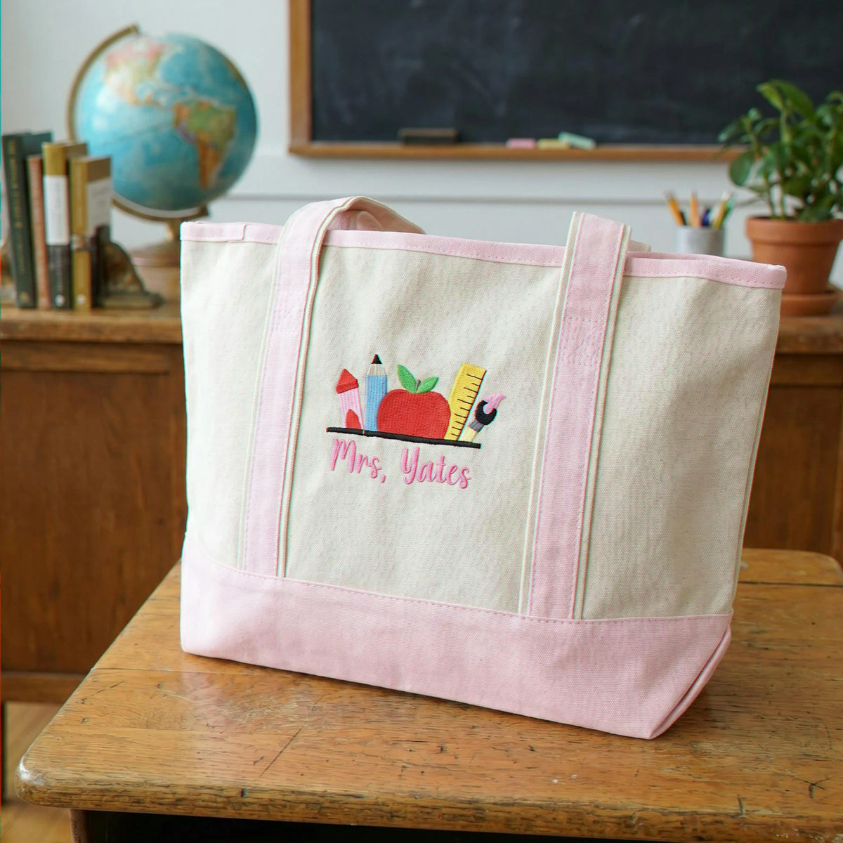 Personalized School Staffs Name Embroidered Tote Bag - Classroom Icons