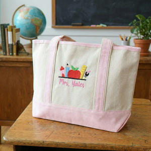 Personalized School Staffs Name Embroidered Tote Bag - Classroom Icons