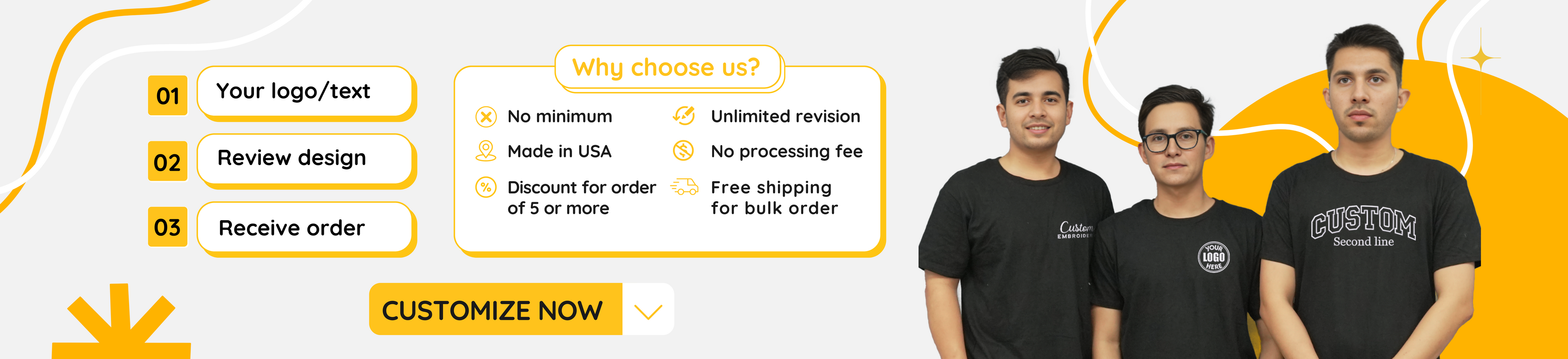 Custom Embroidered T-Shirts with Logo, Any Text or Photo - No Fee