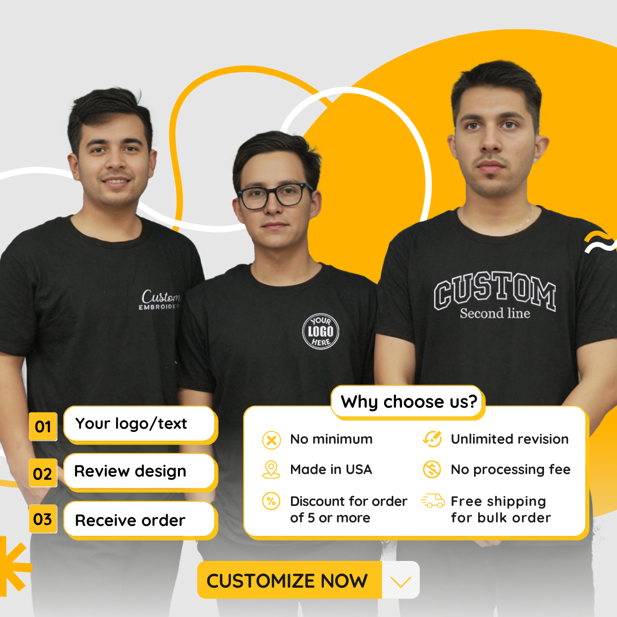 Custom Embroidered T-Shirts with Logo, Any Text or Photo - No Fee