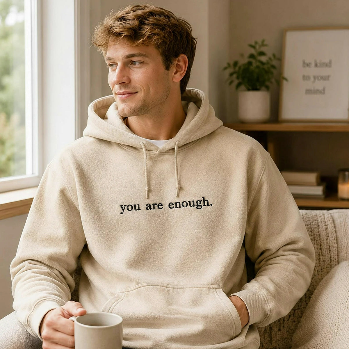 Embroidered You Are Enough Aesthetic Hoodie, Self Love Birthday Gift with Positive Back Message