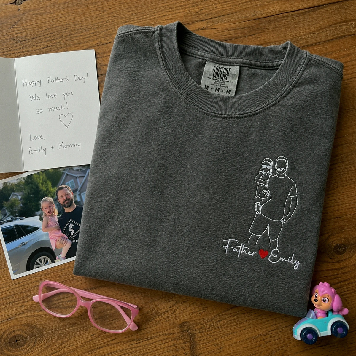 Father and Daughter Photo Line Art T-Shirt or Sweatshirt - Embroidered Father's Day Gift from Wife