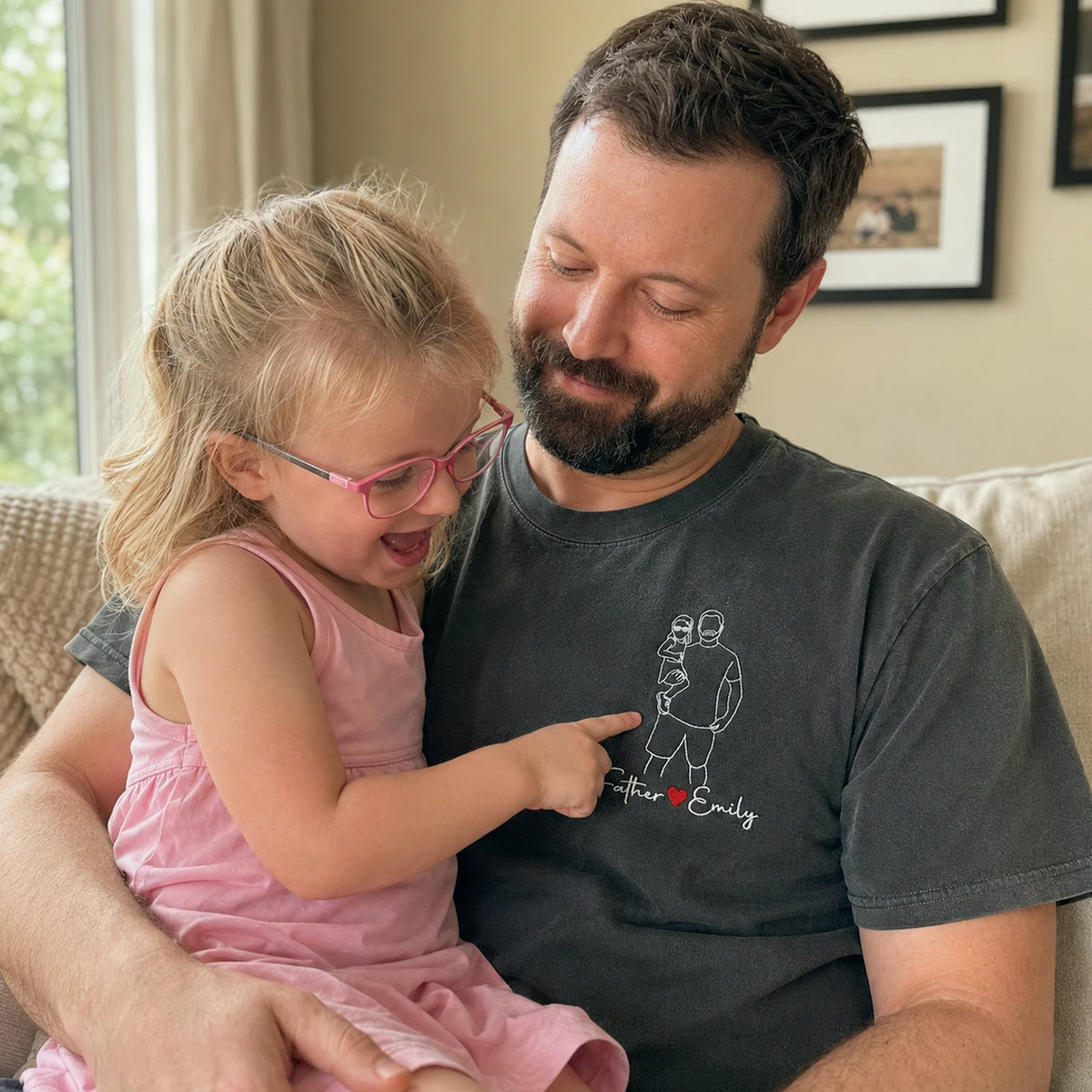 Father and Daughter Photo Line Art T-Shirt or Sweatshirt - Embroidered Father's Day Gift from Wife