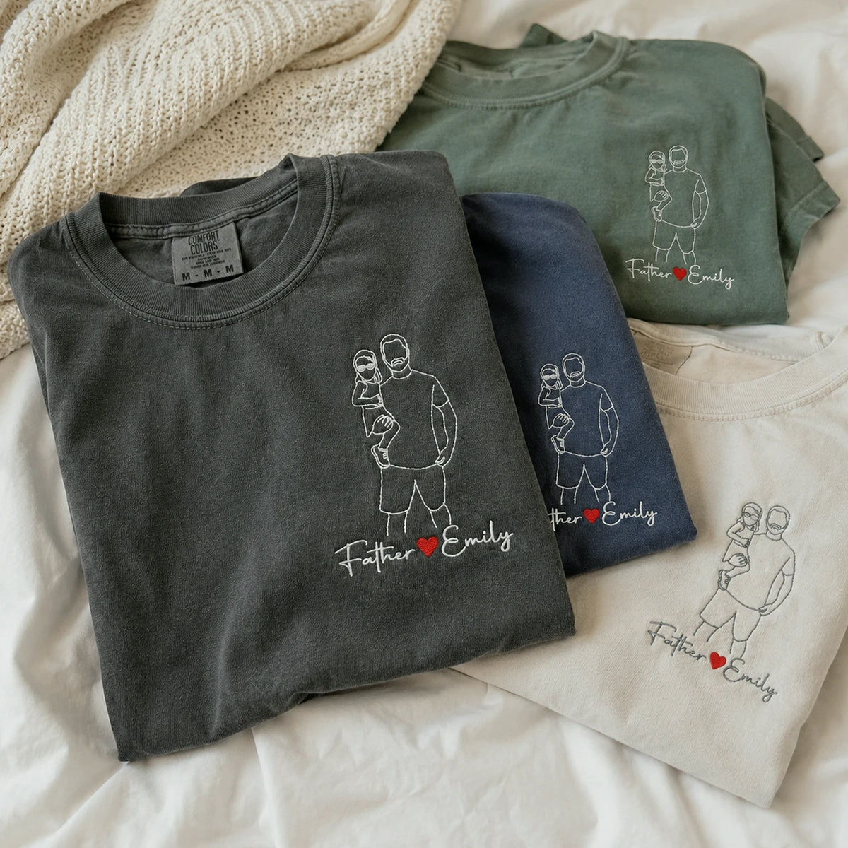 Father and Daughter Photo Line Art T-Shirt or Sweatshirt - Embroidered Father's Day Gift from Wife