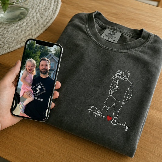 Father and Daughter Photo Line Art T-Shirt or Sweatshirt, Personalized Father and Daughter Photo Line Art T-Shirt or Sweatshirt Embroidered, Father's Day Gift from Wife
