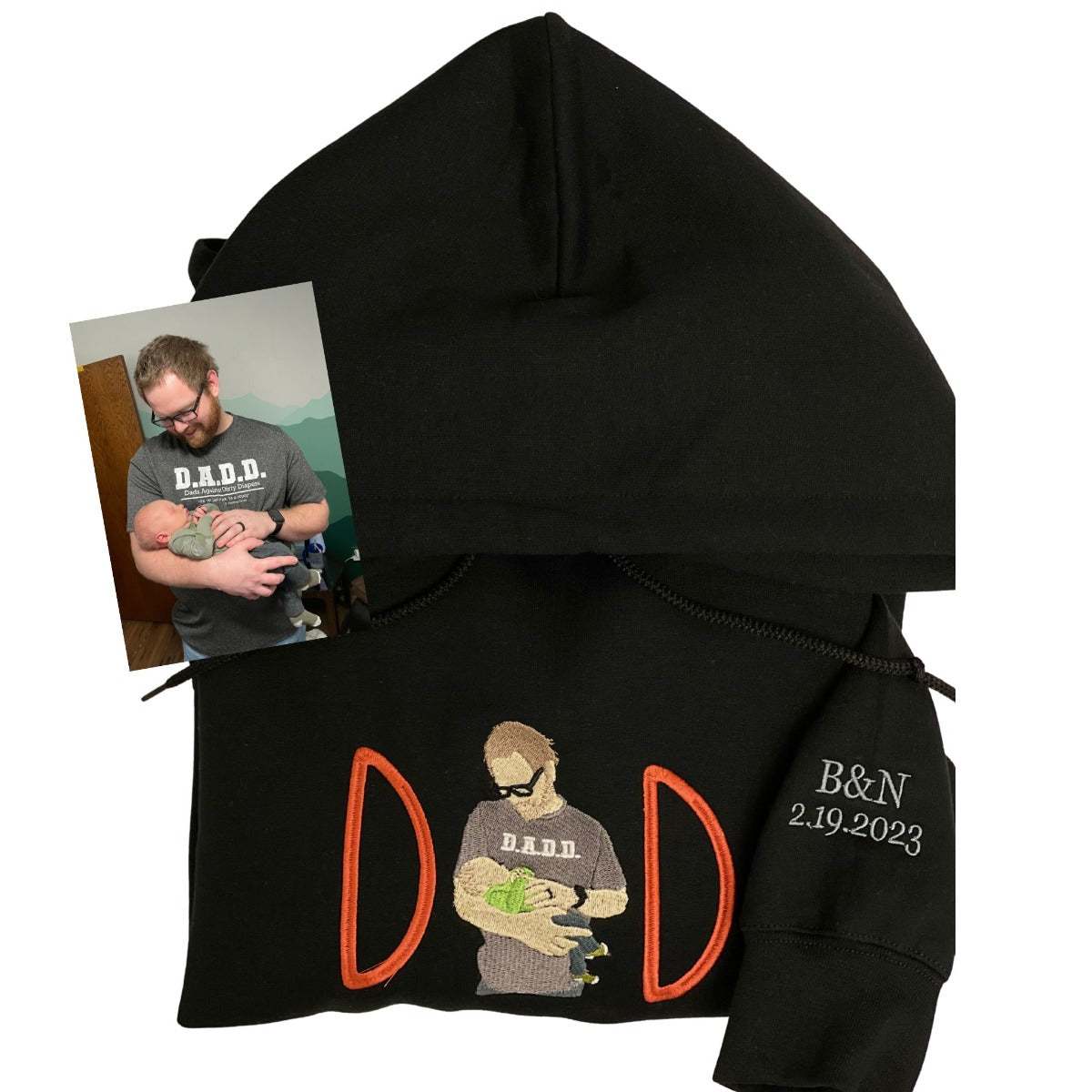 Papa Sweatshirt or Hoodie with Embroidered Dad Photo Portrait, Kids Names on Sleeve