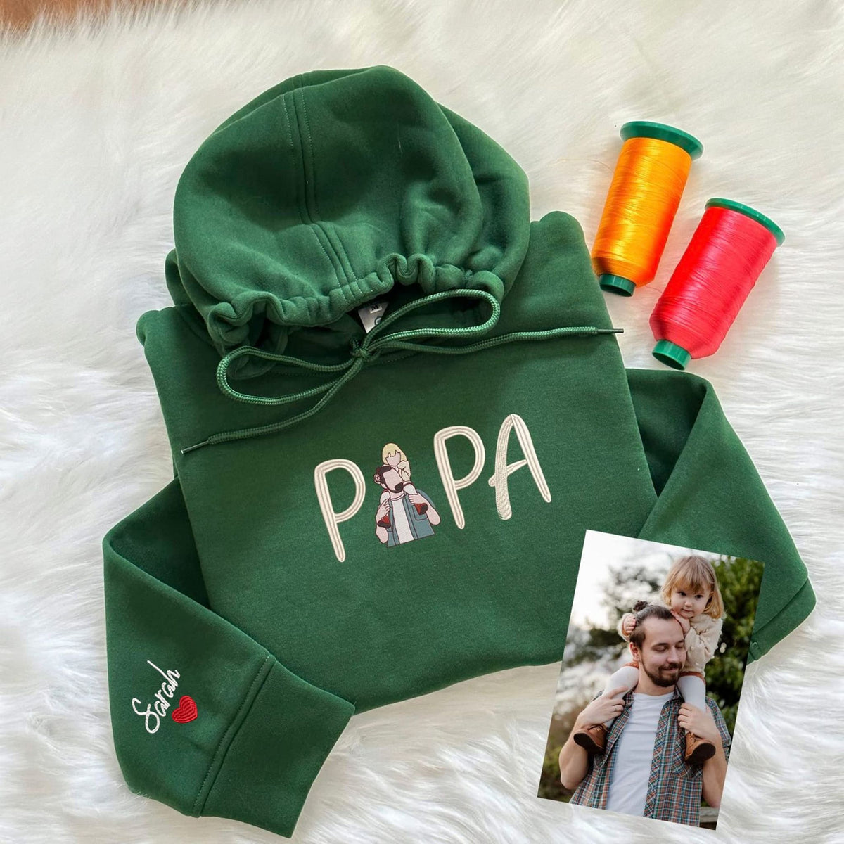 Papa Sweatshirt or Hoodie with Embroidered Dad Photo Portrait, Kids Names on Sleeve