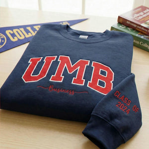 Custom Filled Embroidered Varsity Sweatshirt, Personalized College Crewneck Game Day Gift