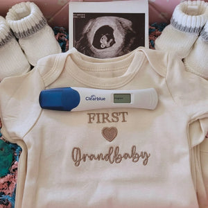 Soft embroidered newborn onesie announcing first grandbaby – perfect first-time grandparents gift