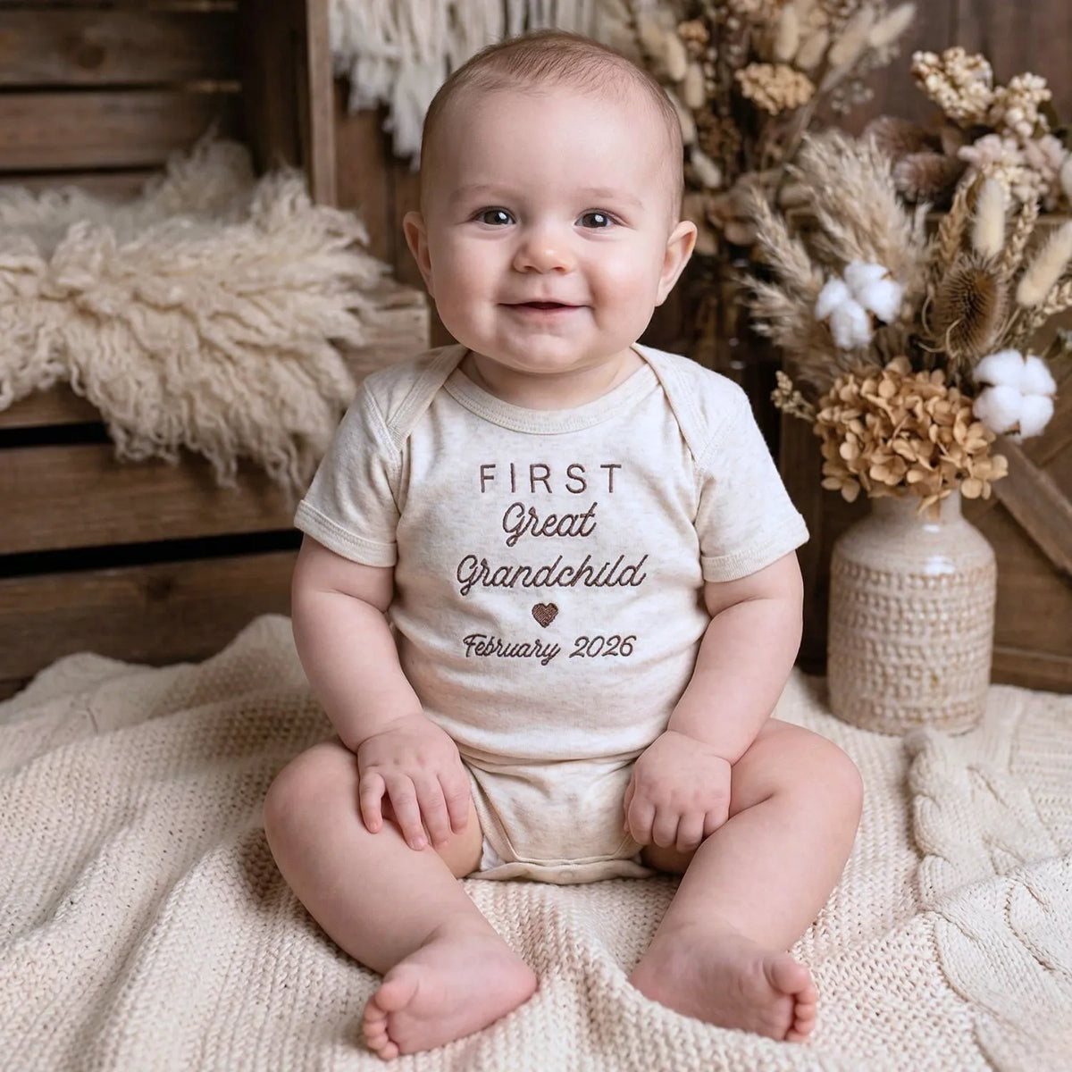 Embroidered baby onesie celebrating first great grandchild, perfect gift for proud great grandma, pregnancy announcement