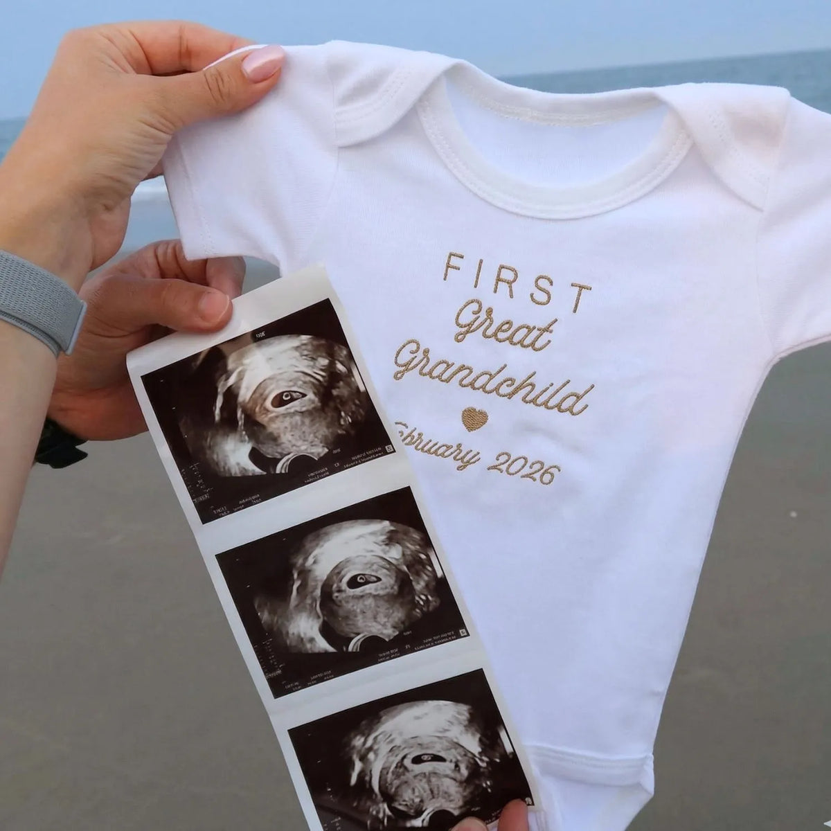 Embroidered baby onesie celebrating first great grandchild, perfect gift for proud great grandma, pregnancy announcement