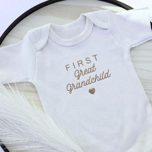 Embroidered baby onesie celebrating first great grandchild, perfect gift for proud great grandma, pregnancy announcement
