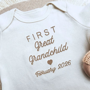 Embroidered baby onesie celebrating first great grandchild, perfect gift for proud great grandma, pregnancy announcement