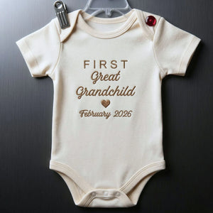Embroidered baby onesie celebrating first great grandchild, perfect gift for proud great grandma, pregnancy announcement
