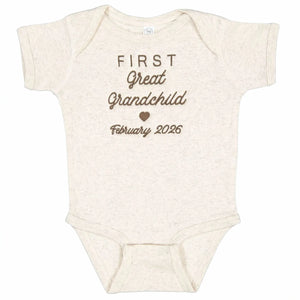 Embroidered baby onesie celebrating first great grandchild, perfect gift for proud great grandma, pregnancy announcement