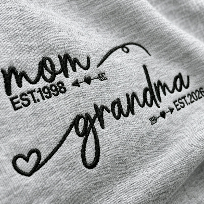Personalized From Mom to Grandma Sweatshirt, Embroidered New Grandma Gift with EST Year Kids Names on Sleeves