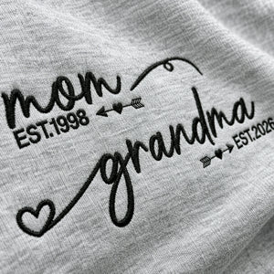 Personalized From Mom to Grandma Sweatshirt, Embroidered New Grandma Gift with EST Year Kids Names on Sleeves