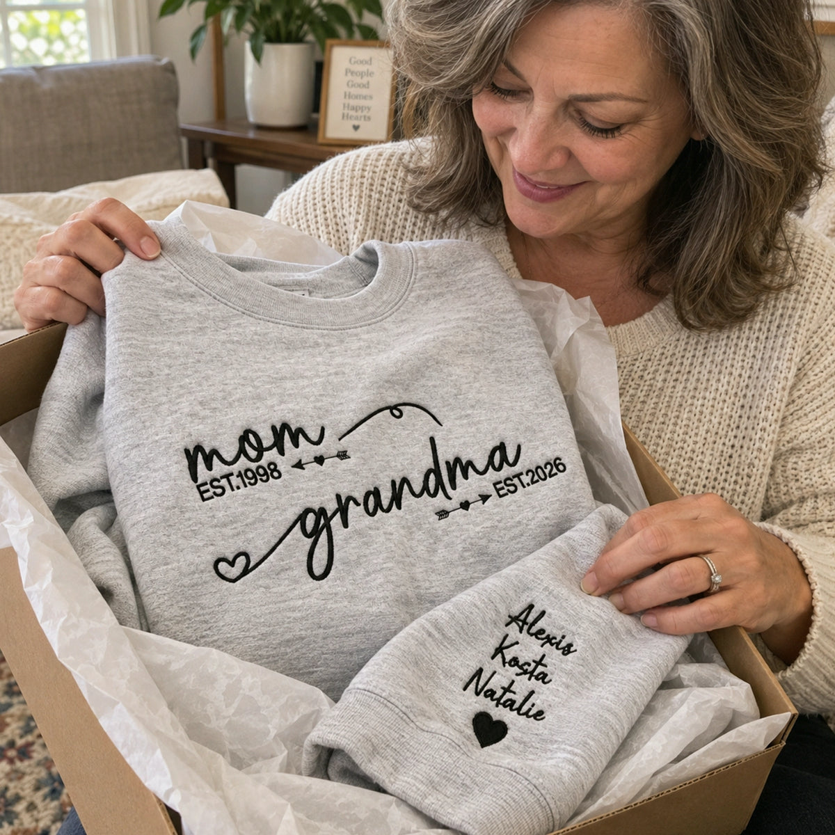 Personalized From Mom to Grandma Sweatshirt, Embroidered New Grandma Gift with EST Year Kids Names on Sleeves
