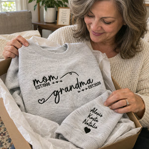 Personalized From Mom to Grandma Sweatshirt, Embroidered New Grandma Gift with EST Year Kids Names on Sleeves
