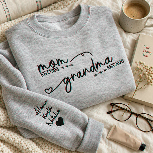 Personalized From Mom to Grandma Sweatshirt, Embroidered New Grandma Gift with EST Year Kids Names on Sleeves