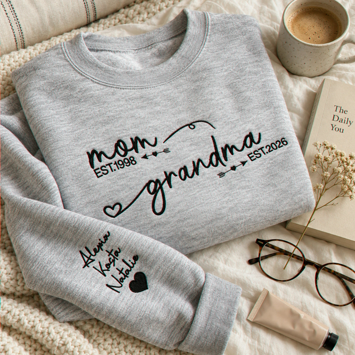 Personalized From Mom to Grandma Sweatshirt, Embroidered New Grandma Gift with EST Year Kids Names on Sleeves