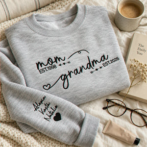 Personalized From Mom to Grandma Sweatshirt, Embroidered New Grandma Gift with EST Year Kids Names on Sleeves
