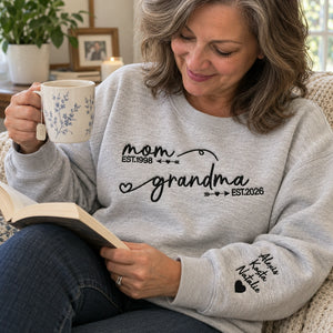 Personalized From Mom to Grandma Sweatshirt, Embroidered New Grandma Gift with EST Year Kids Names on Sleeves