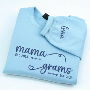 Personalized From Mom to Grandma Sweatshirt, Embroidered New Grandma Gift with EST Year Kids Names on Sleeves