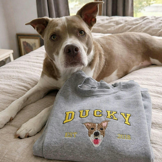 Custom New Dog Portrait Sweatshirt for Boyfriend - Embroidered Pet Photo Crewneck & Name - First Time Dog Dad Gift for Him