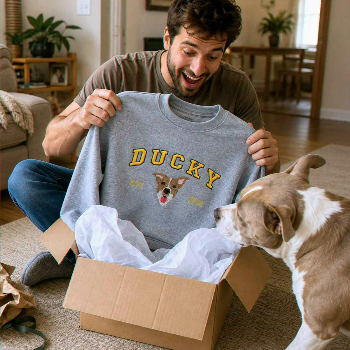 Custom New Dog Portrait Sweatshirt for Boyfriend - Embroidered Pet Photo Crewneck & Name - First Time Dog Dad Gift for Him