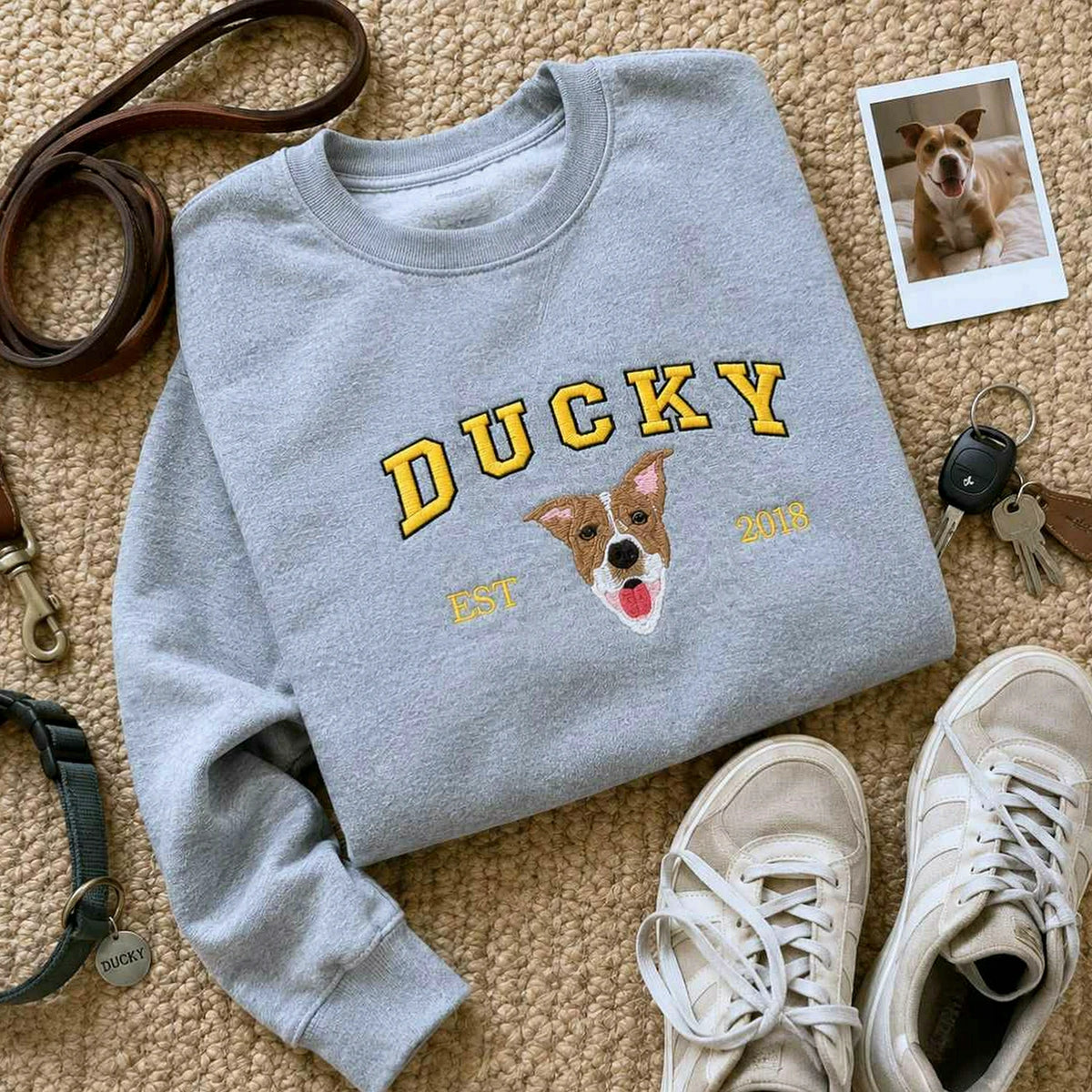 Custom New Dog Portrait Sweatshirt for Boyfriend - Embroidered Pet Photo Crewneck & Name - First Time Dog Dad Gift for Him