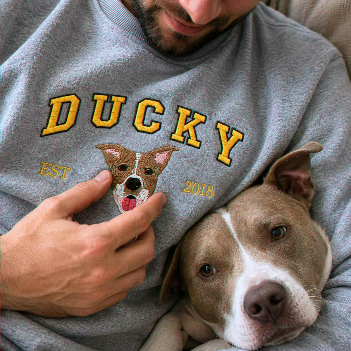 Custom New Dog Portrait Sweatshirt for Boyfriend - Embroidered Pet Photo Crewneck & Name - First Time Dog Dad Gift for Him