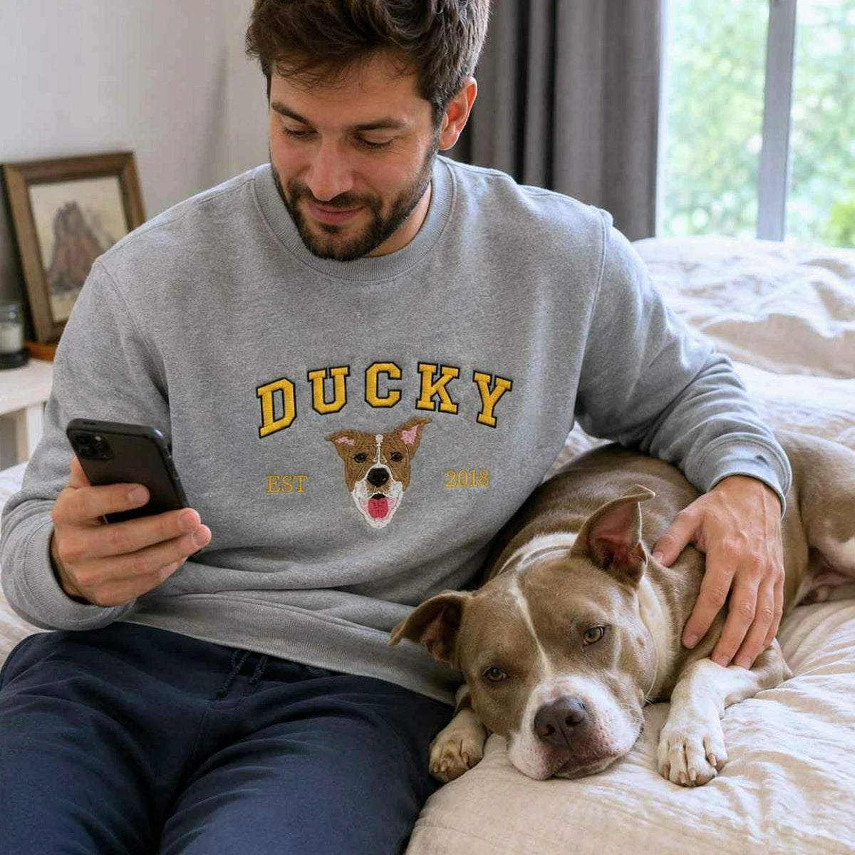 Custom New Dog Portrait Sweatshirt for Boyfriend - Embroidered Pet Photo Crewneck & Name - First Time Dog Dad Gift for Him